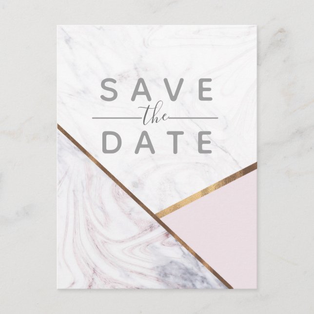 Rose Gold Marble Swirl & Blush Pink Save the Date Announcement Postcard (Front)
