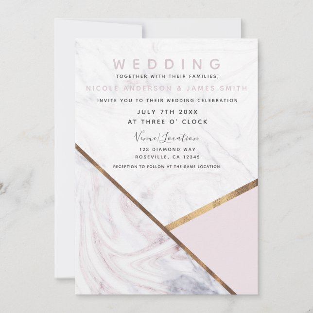 Rose Gold Marble Swirl Blush Pink Wedding Invitation (Front)