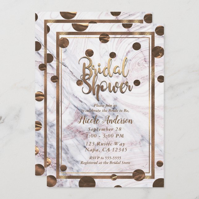 Rose Gold Marble Swirl Bronze Copper Bridal Shower Invitation (Front/Back)