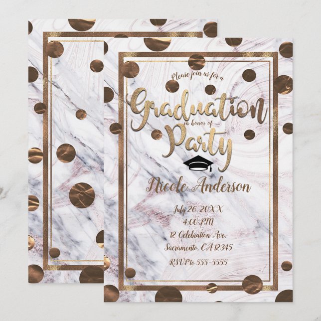 Rose Gold Marble Swirl Bronze Copper Graduation Invitation (Front/Back)