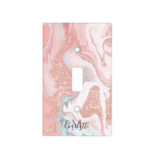 Rose gold marble teal chic pink glitter monogram light switch cover