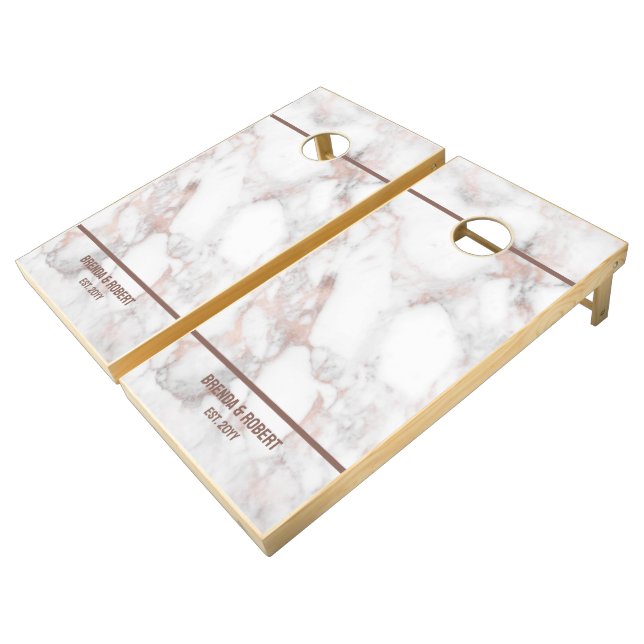 Rose gold marble texture image cornhole set (Angled)