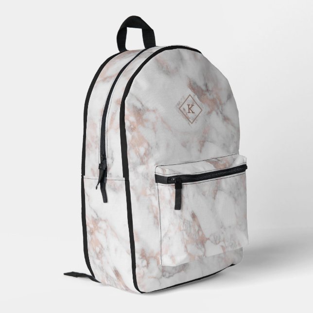 Rose-gold marble texture print | monogram printed backpack (Back Corner Left)
