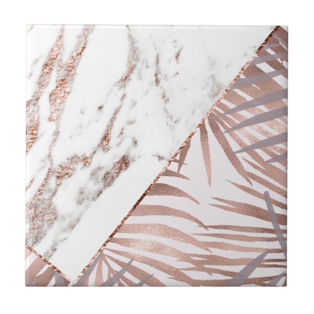 Rose gold marble & tropical ferns ceramic tile (Front)
