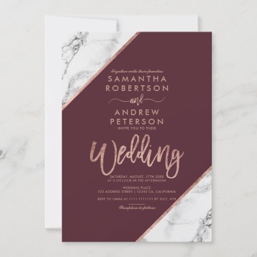 Rose gold marble typography burgundy wedding invitation