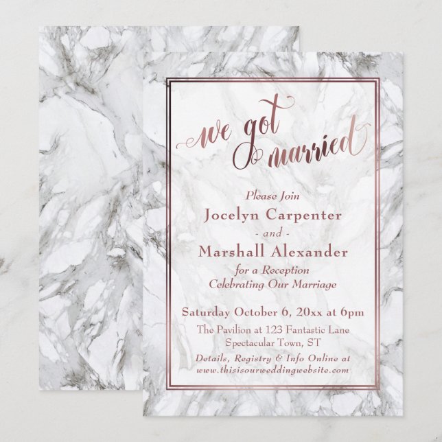 Rose Gold Marble We Got Married Reception Invitation (Front/Back)