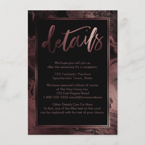 Rose Gold Marble Wedding Details Over Black Enclosure Card