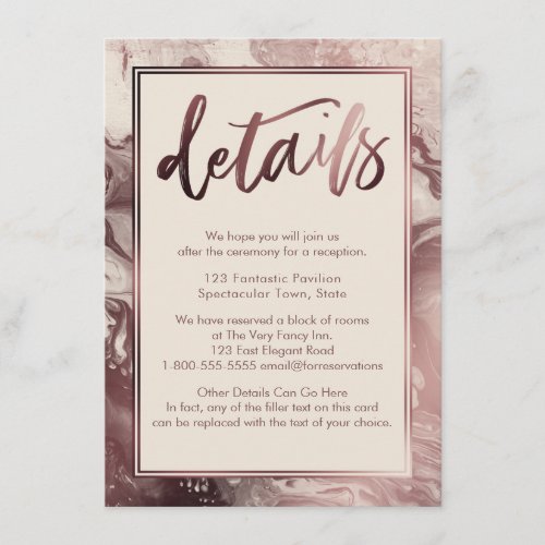 Rose Gold Marble Wedding Details Over Cream Enclosure Card