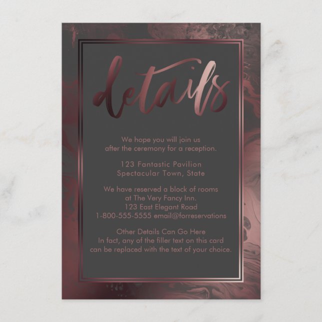 Rose Gold Marble Wedding Details Over Dark Gray Enclosure Card (Front)