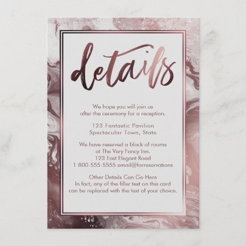 Rose Gold Marble Wedding Details Over Light Gray Enclosure Card