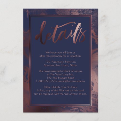 Rose Gold Marble Wedding Details Over Navy Blue Enclosure Card