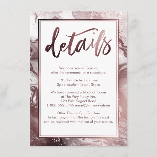 Rose Gold Marble Wedding Details Over White Enclosure Card