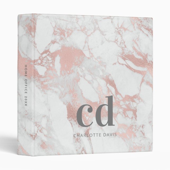 Rose gold marble white monogram initials 3 ring binder (Front/Spine)