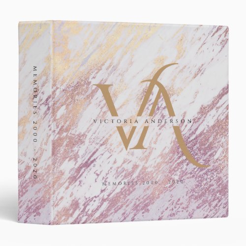 Rose Gold Marble White Monogram Modern Photo Album 3 Ring Binder