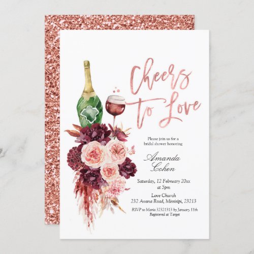 Rose Gold Marsala Floral Cheers to Love Invitation