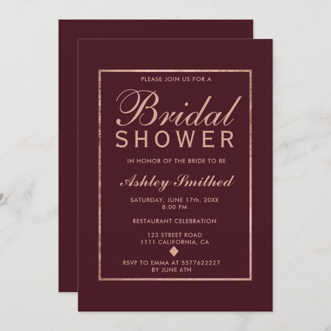 rose gold marsala frame elegant bridal shower invitation (Front/Back)