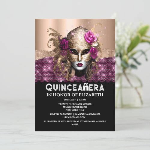 Rose gold masquerade Quinceaera birthday mask 3D Invitation