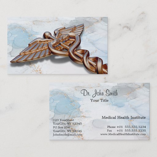 Customizable Rose Gold Medical Caduceus Copper Luxury Marble Business Card