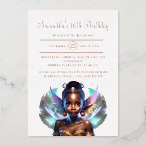 Rose gold melanin fairy princess enchanted real foil invitation