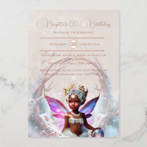 Rose gold melanin fairy winter whimsical portal foil invitation