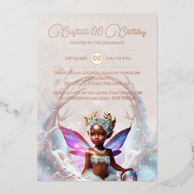 Rose gold melanin fairy winter whimsical portal foil invitation (Front)