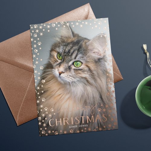 Rose Gold Meowy Christmas Cat Lover Foil Holiday Card