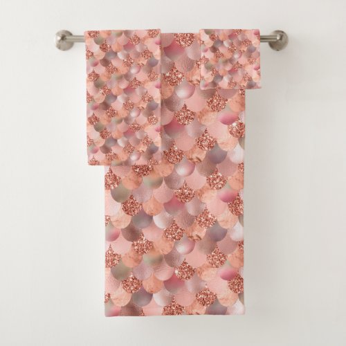 Rose Gold Mermaid Scales Glitter Pink Foil Pretty Bath Towel Set