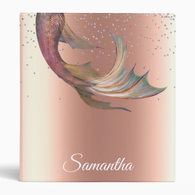 Rose gold Mermaid Tail Diamond Personalized 3 Ring Binder (Front)