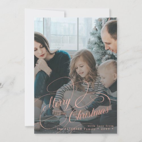 Rose gold Merry Christmas 5 photo collage Holiday Card