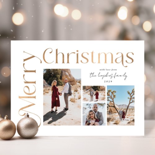 Rose Gold Merry Christmas Modern Type Photo Holiday Card