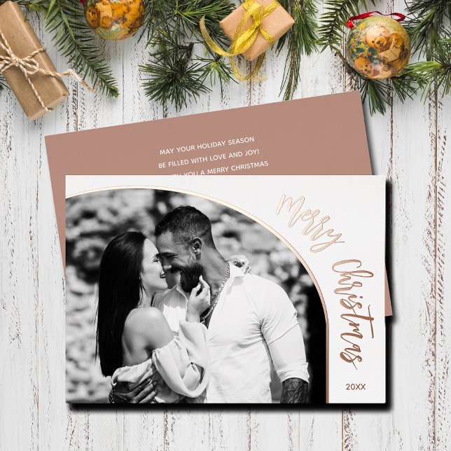 Rose Gold Merry Christmas Script Foil Holiday Card (Merry Christmas REAL rose gold foil holiday photo cards)