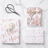 Gold Pink Merry Christmas Script Snowflakes Stars Wrapping Paper Sheets