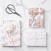 Rose Gold Merry Christmas Script Snowflakes Star Wrapping Paper Sheets