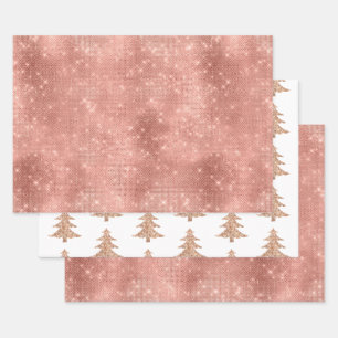 Rose Gold Merry Christmas Tree Sparkle Glitter Wrapping Paper Sheets