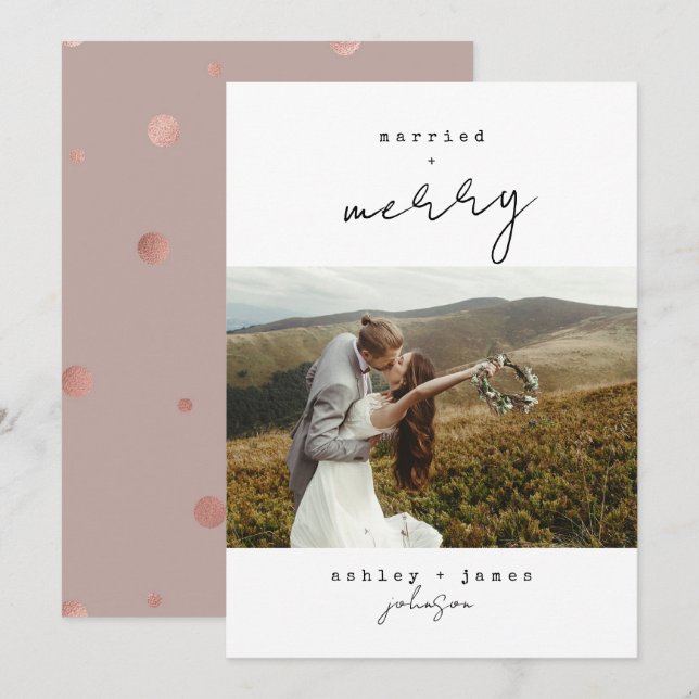 Rose Gold Merry & Married Christmas Photo  Holiday Card (Front/Back)