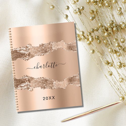 Rose gold metal agate marble name script 2025 planner