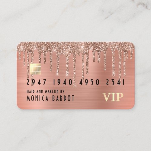 Rose Gold Metal And Glitter Drip Faux Credit Card