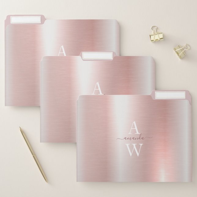 Rose Gold Metal Brush Monogram Hand-Lettering File Folder (Set)