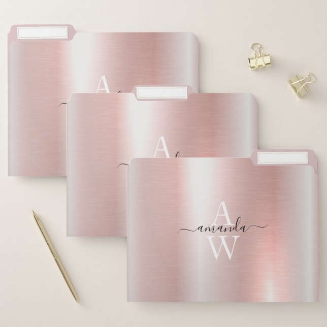 Rose Gold Metal Brush Monogrammed Hand-Lettering File Folder (Set)