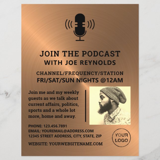 Rose Gold Metal Effect, Podcaster, Podcast Flyer (Front)