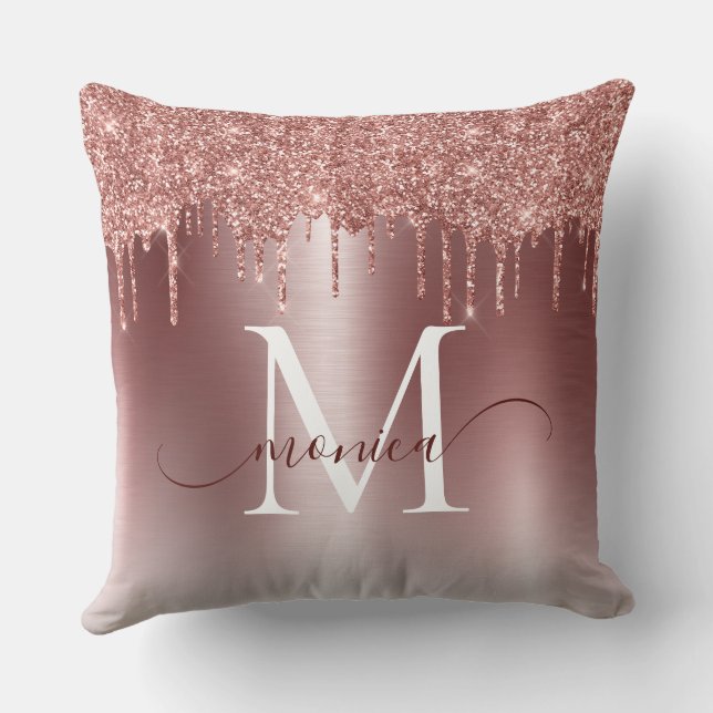 Rose Gold Metal Glitter Drips Monogram Name Throw Pillow (Back)