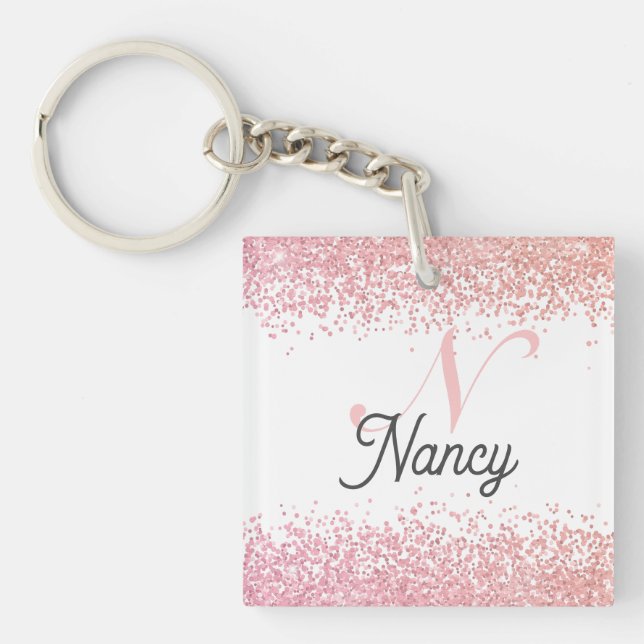 Rose Gold Metal Glitter Monogram Name  Keychain (Front)