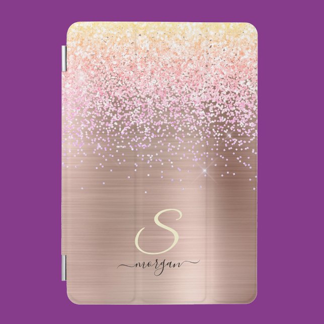 Rose Gold Metal, Glitter, Script Name & Initial iPad Mini Cover (Creator Uploaded)