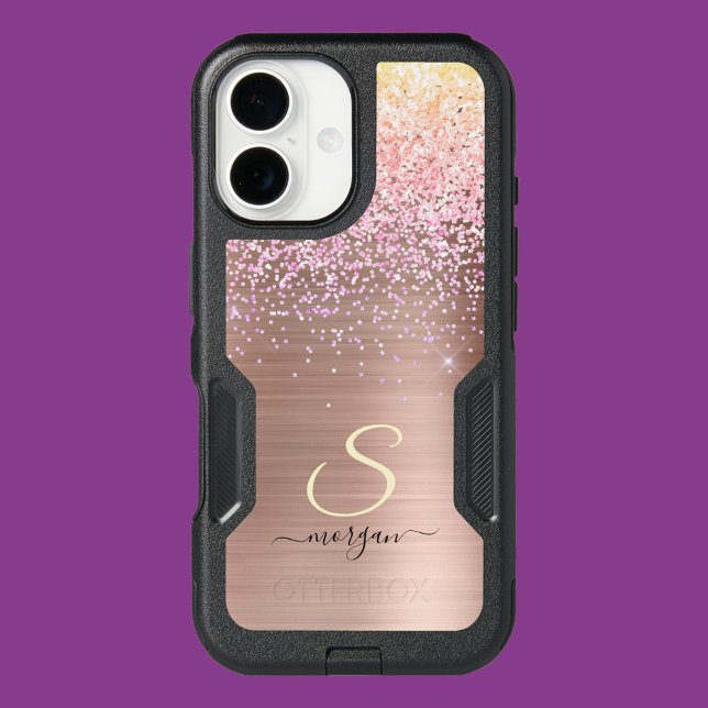 Rose Gold Metal, Glitter, Script Name & Initial Otterbox iPhone Case (Creator Uploaded)