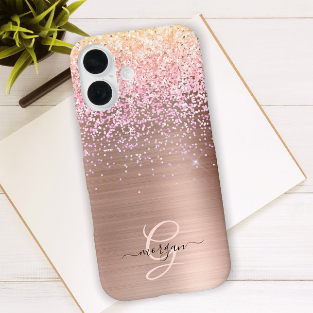 Rose Gold Metal, Glitter, Script Name & Monogram Iphone Case (Creator Uploaded)