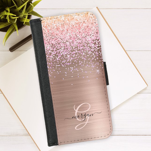Rose Gold Metal, Glitter, Script Name & Monogram iPhone Wallet Case (Creator Uploaded)