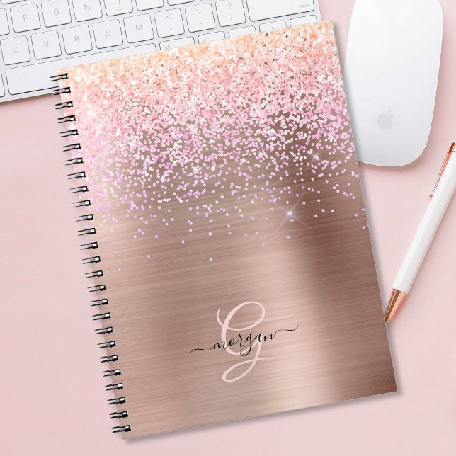 Rose Gold Metal, Glitter, Script Name & Monogram Notebook (Creator Uploaded)