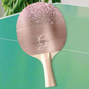 Rose Gold Metal, Glitter, Script Name & Monogram Ping Pong Paddle