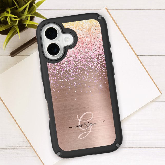Rose Gold Metal, Glitter, Script Name & Monogram Speck iPhone Case (Creator Uploaded)