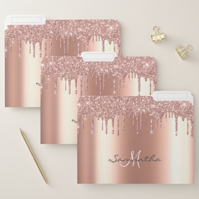 Rose Gold Metal Look Glitter Drips Monogram File Folder (Set)